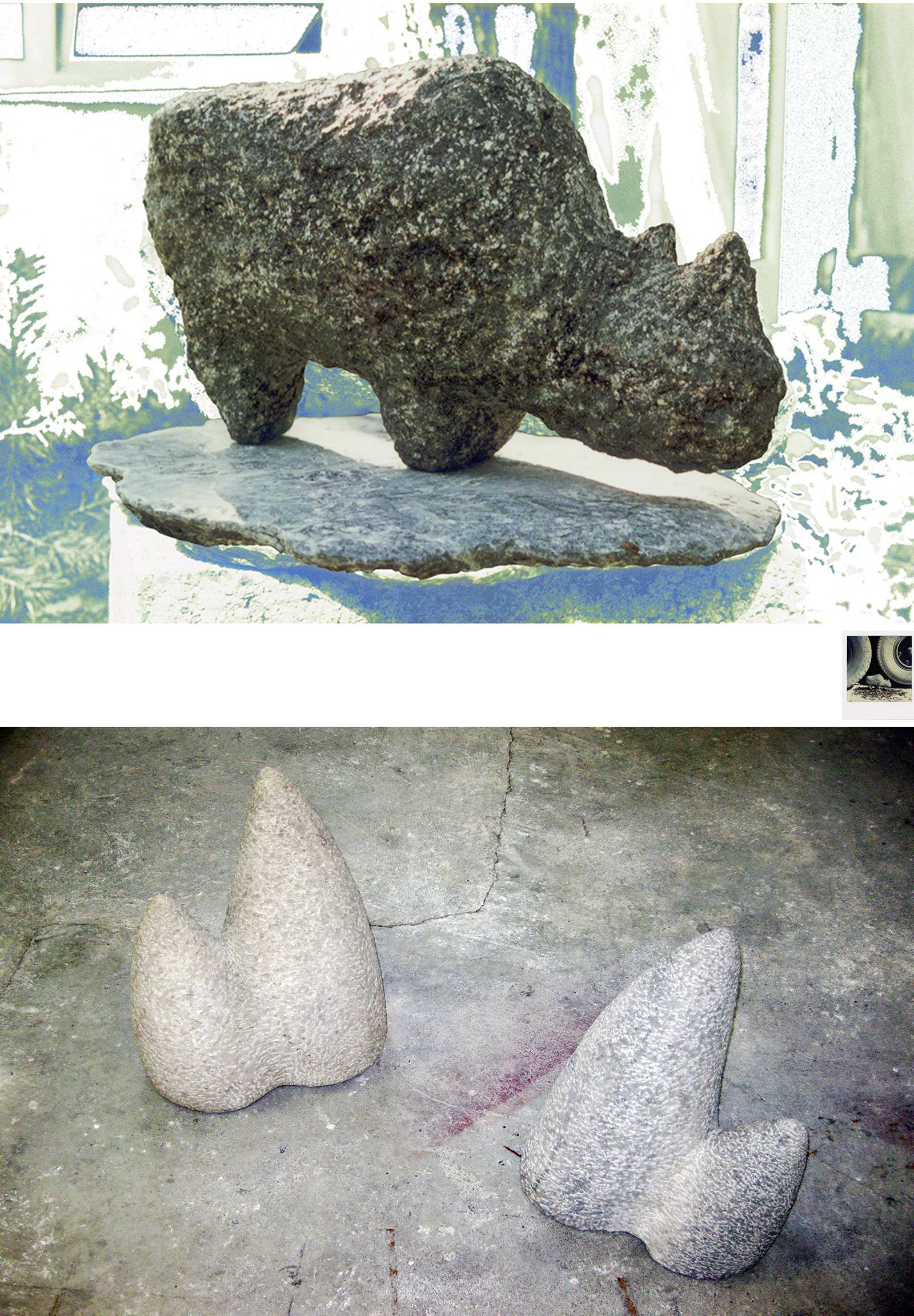 Foto von Nashorn und Skulptur von Nashörnern