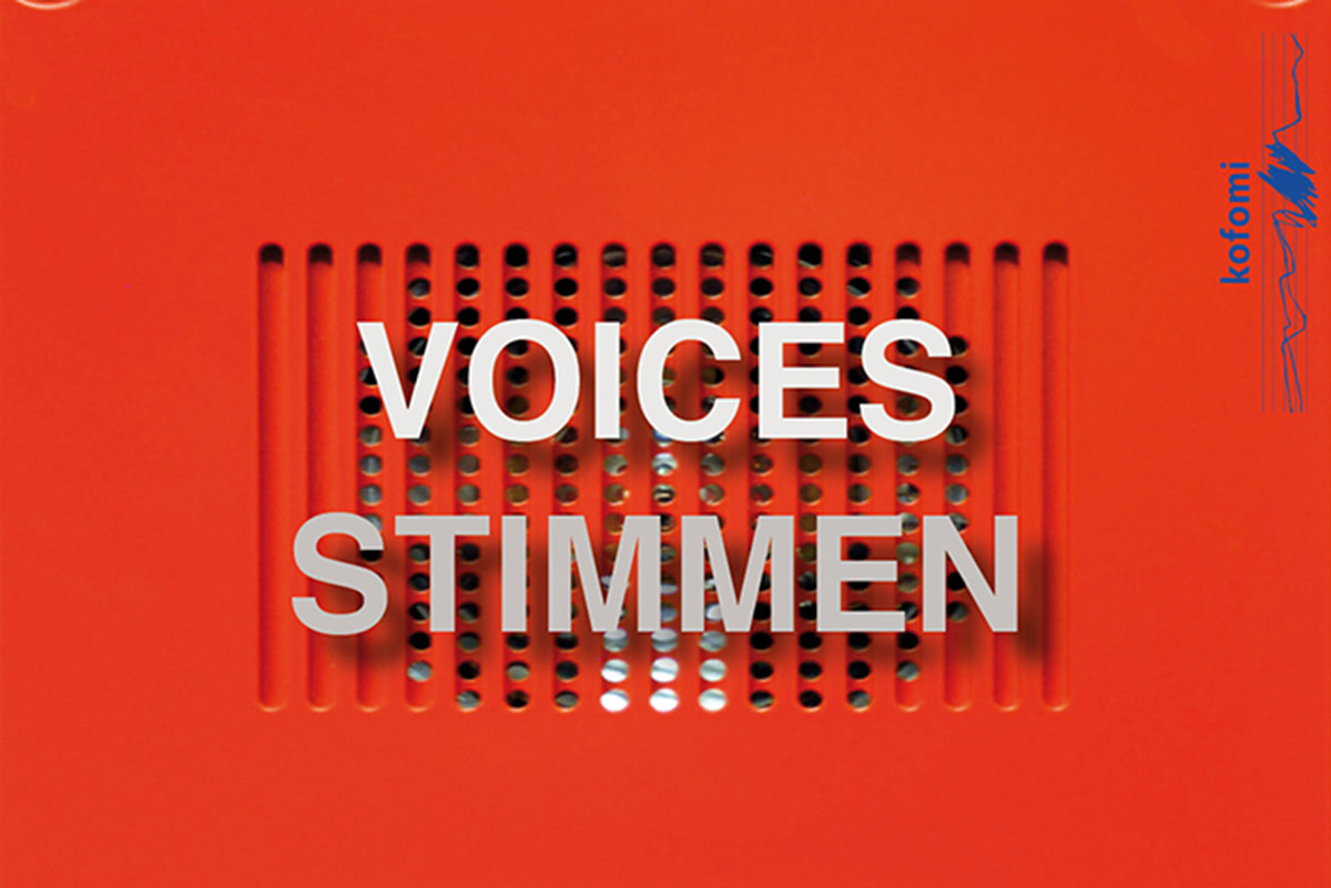 Rotes Plakat mit text VOICES STIMMEN