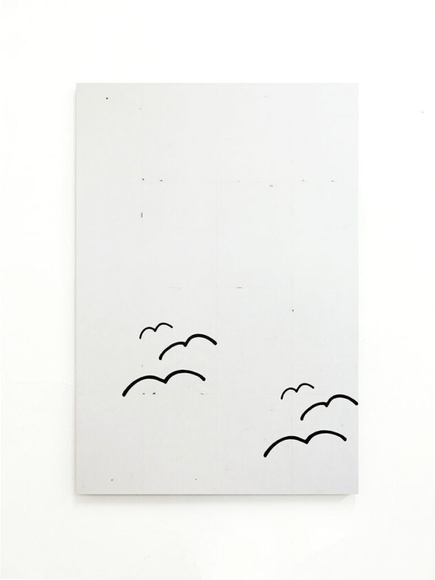 o.t.(birdistheword), 
2024, SW-Kopien, Leim, Tusche/Holz, 160 x 110 cm